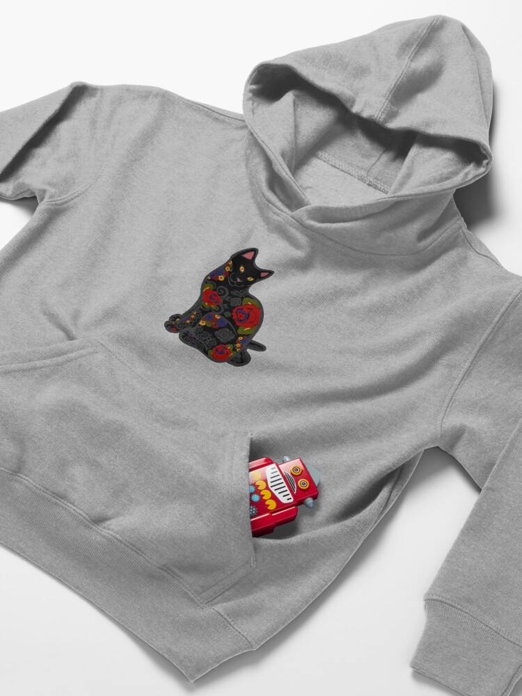 Alternate view of Black Cat with Flower Tattoos Kids Pullover Hoodie