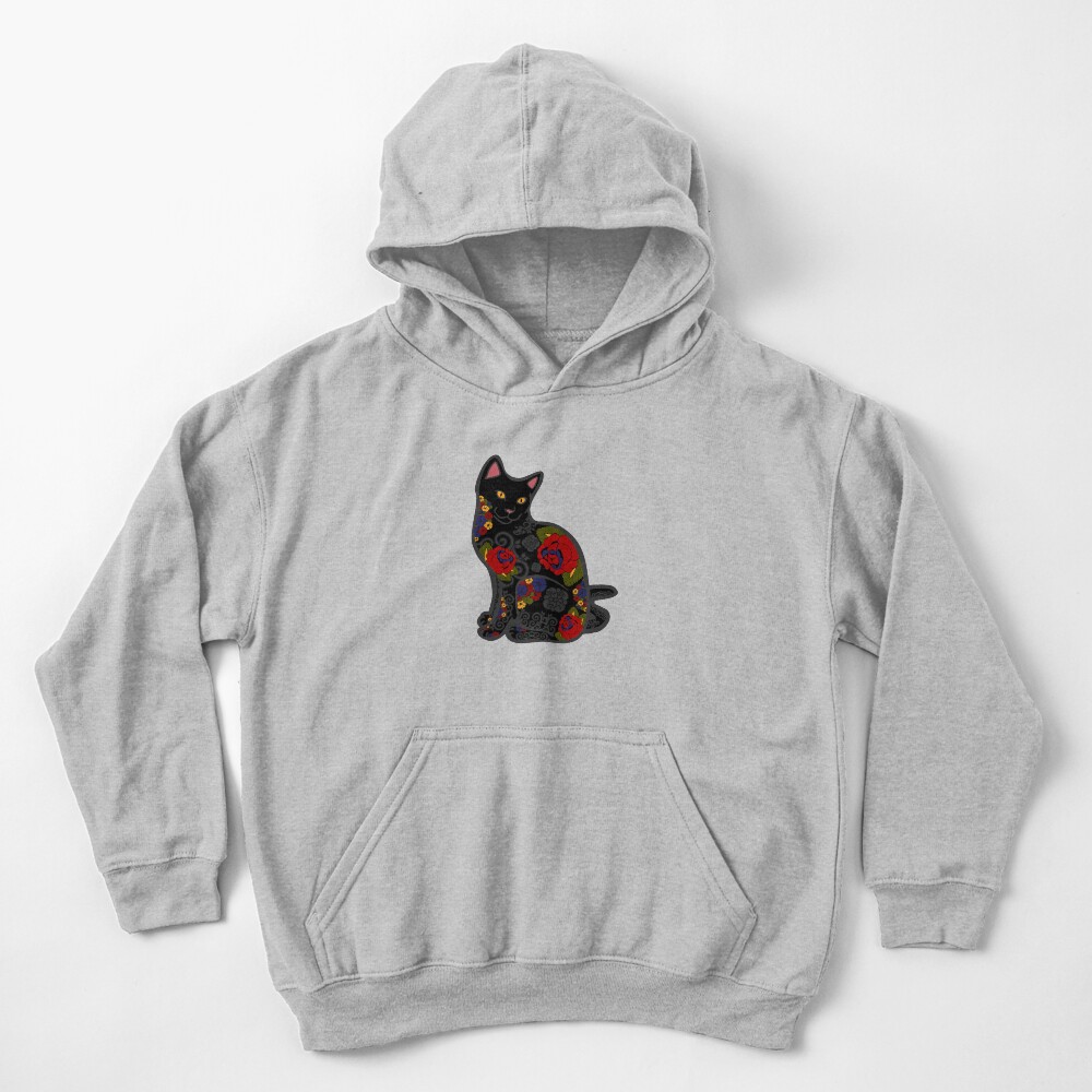 Black Cat with Flower Tattoos Kids Pullover Hoodie
