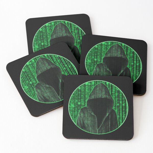 Item preview, Hooded hacker in binary matrix rain designed and sold by NerdySherds.