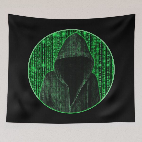 Item preview, Hooded hacker in binary matrix rain designed and sold by NerdySherds.