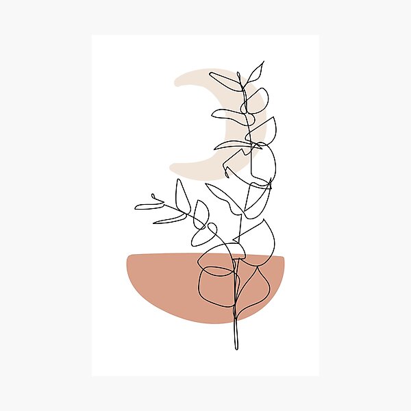 Moon and Leaves - Modern Minimal Line Drawing Botanical Line Art Mid-century Modern Minimal Decor Photographic Print