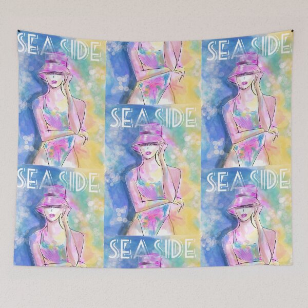 Artikelvorschau, Seaside Beachwear Mode Blogger Mädchen in Hut entworfen und verkauft von PG Illustration.