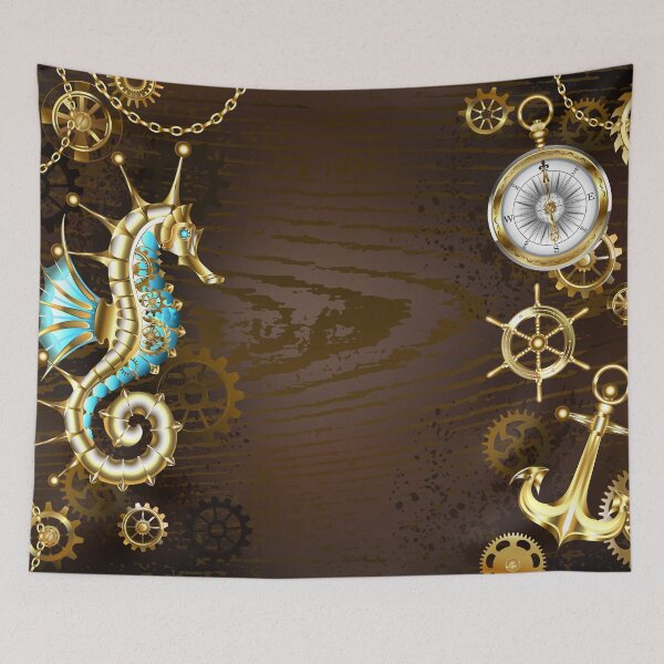 Item preview, Wooden Background with Mechanical Seahorse ( Steampunk ) designed and sold by Blackmoon9.