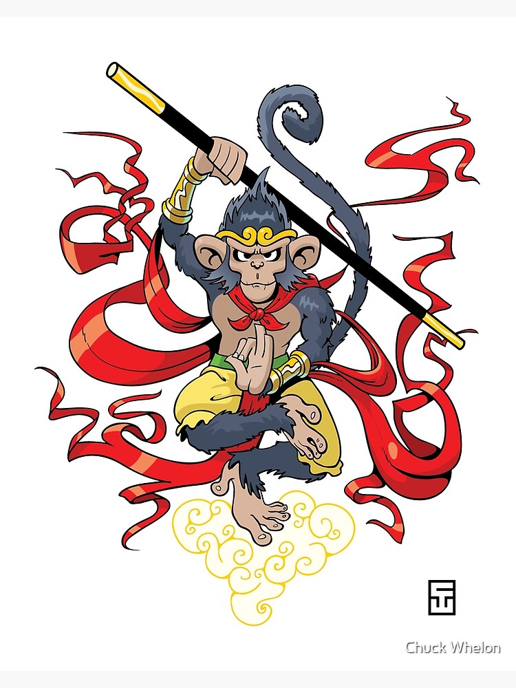  Lámina rígida « de los antiguos cuentos chinos. Interpretado en un estilo de dibujos animados occidental que reconoce la influencia del diseño de anime. Mono sostiene su vara mágica y cabalga sobre
