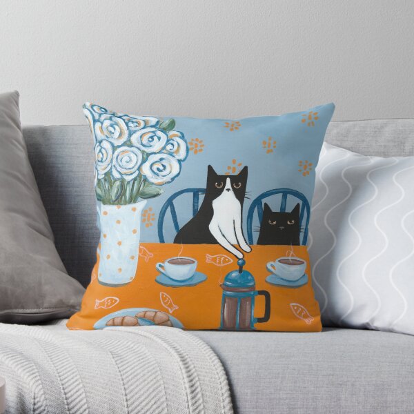 French Press Coffee Cats Throw Pillow