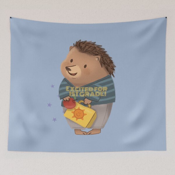 Item preview, Cute Hedgehog excited and ready for First/1st Grade Holding an Apple and a Lunch Box designed and sold by EvaWolf.