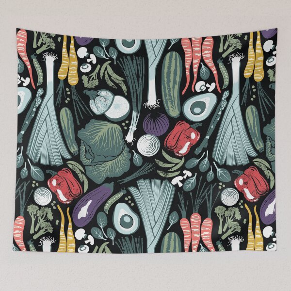 Item preview, Go veggie // black background sage green mint goldenrod yellow coral and purple beet vegetables designed and sold by SelmaCardoso.