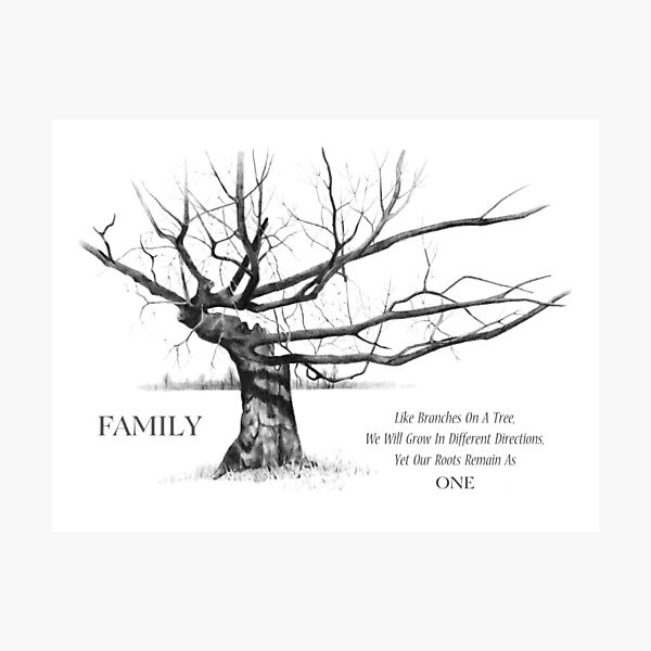 FAMILY Quote, with Gnarly Tree in Pencil: Drawing, Family Roots, Connections Photographic Print