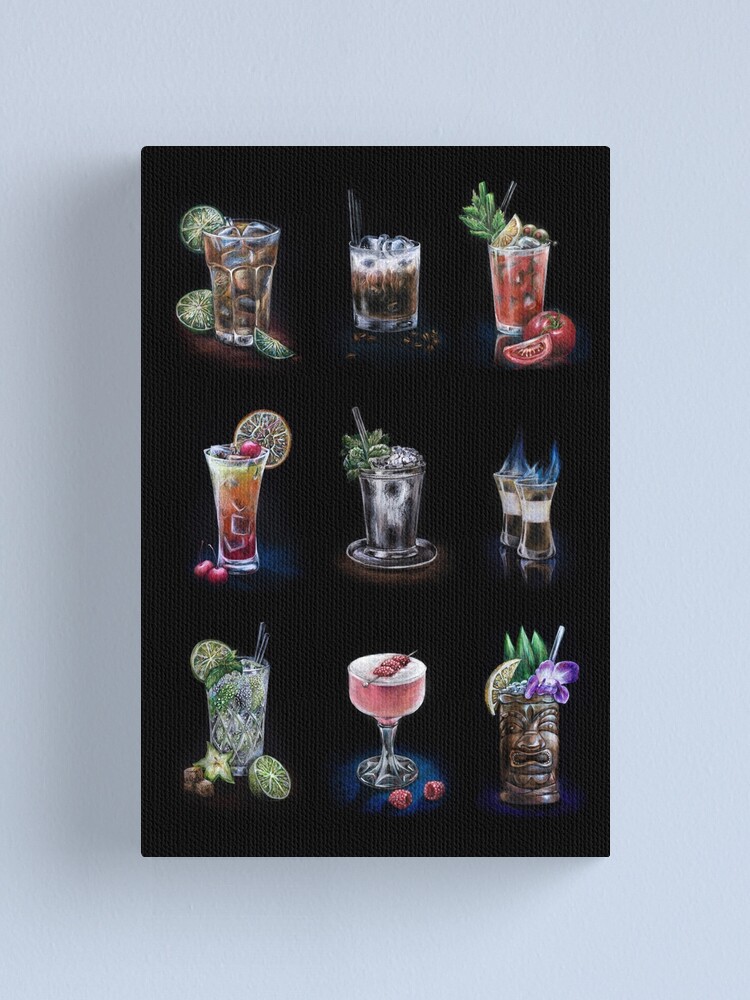 Hand drawn cocktail collection on black Canvas Print