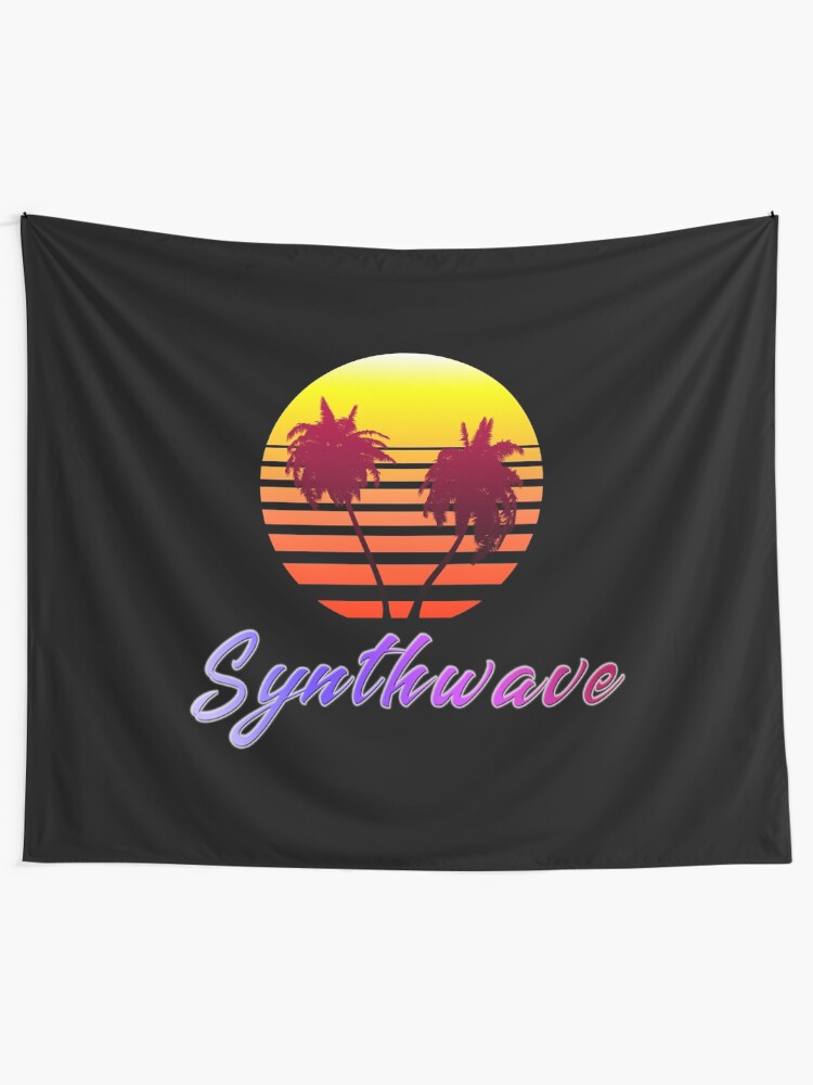 Alternate view of Synthwave Sun (with palm trees) Tapestry