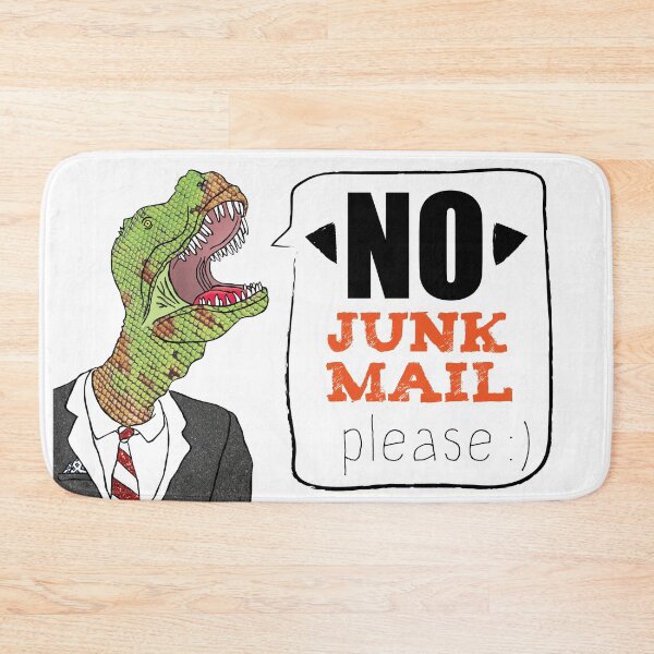 Item preview, "NO junk mail please" says the polite yet shouty dinosaur designed and sold by Elvedee.