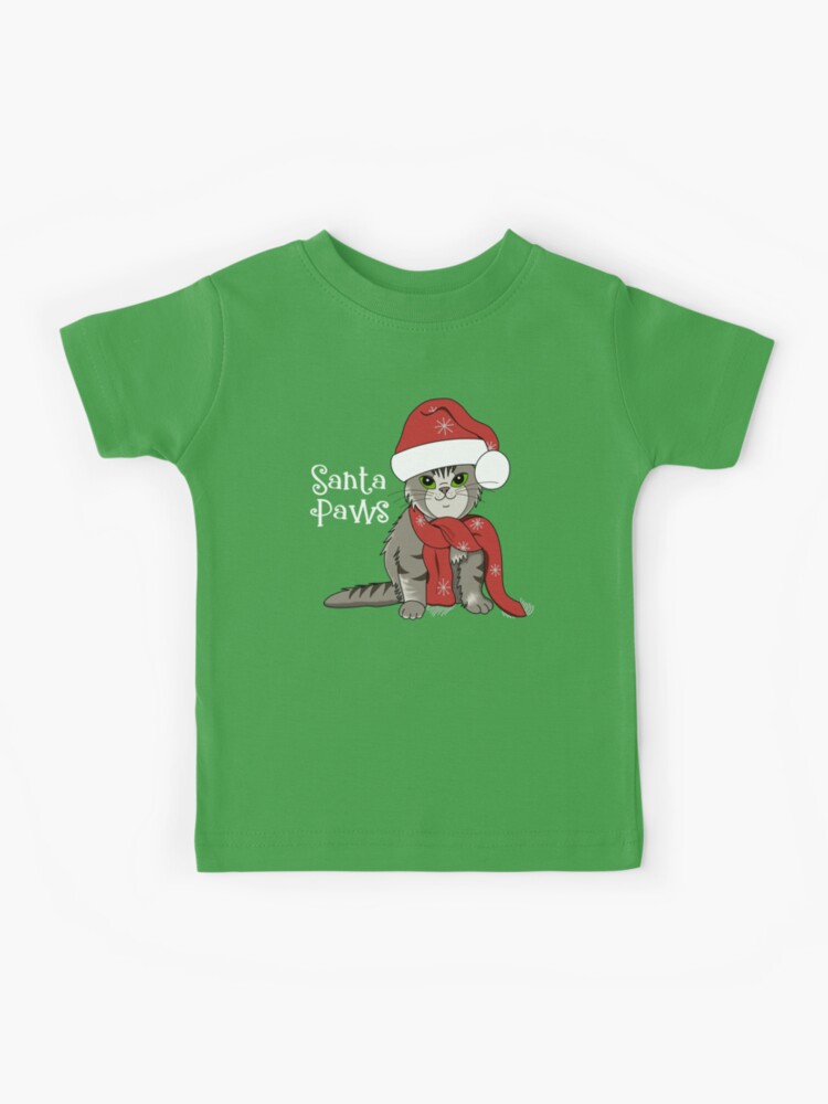 Santa Paws Santa Claus Christmas Cat Green background Kids T-Shirt