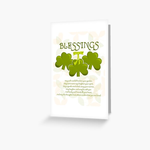 St Patrick Shamrock Blessing with a green bow and light orange accents Greeting Card