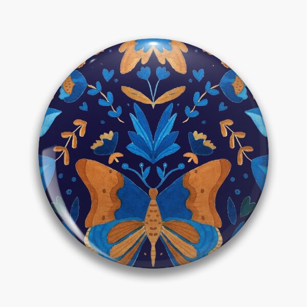 Item preview, Watercolor blue and ochre butterfly pattern with folk flowers designed and sold by CrisBanana.