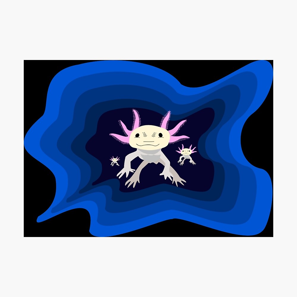 Axolotl With His Babies In Deep Blue Water As A Cute Gift Poster By Chuzpe Redbubble