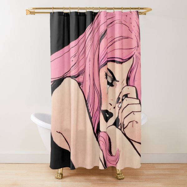 Gothic Romance Sad Crying Girl Pop Art Pink Hair Vintage 1950s Shower Curtain