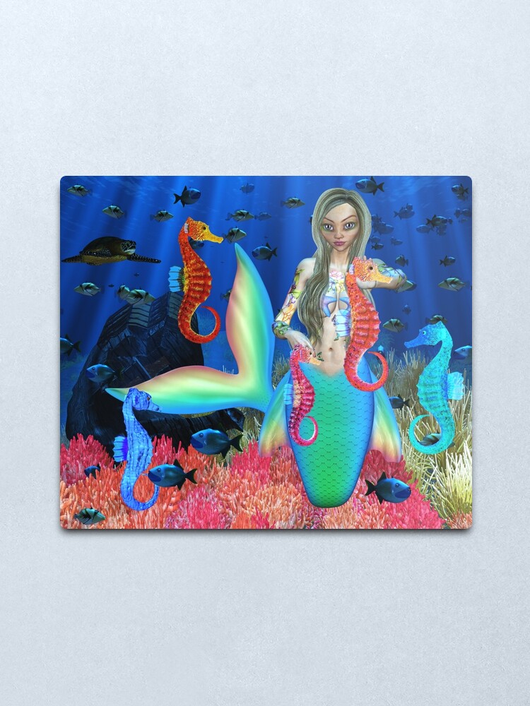 Alternate view of Mermaid and seahorse friends Metal Print