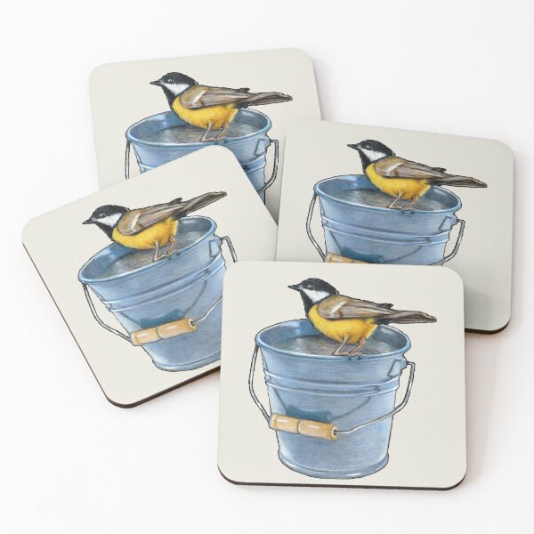 Item preview, Birdie Perched on a Blue Pail, Colour Pencil Art, Wildlife designed and sold by JoyfulWhimsy.