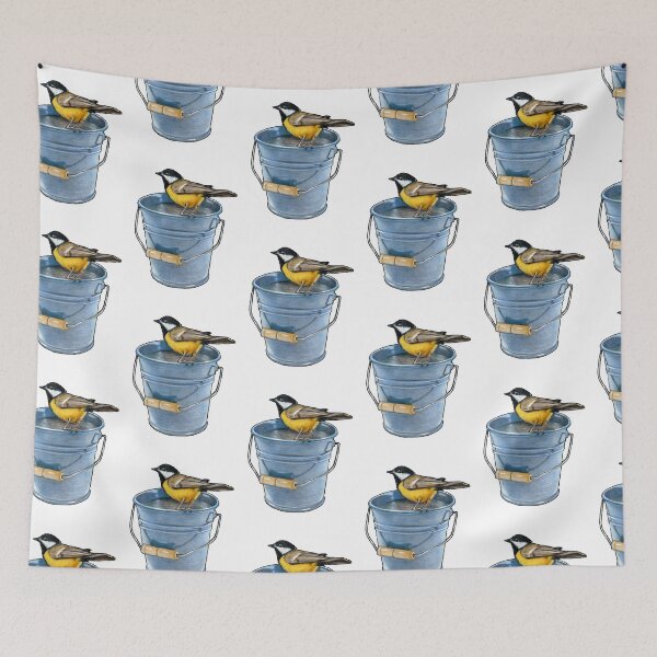 Item preview, Birdie Perched on a Blue Pail, Colour Pencil Art, Wildlife designed and sold by JoyfulWhimsy.