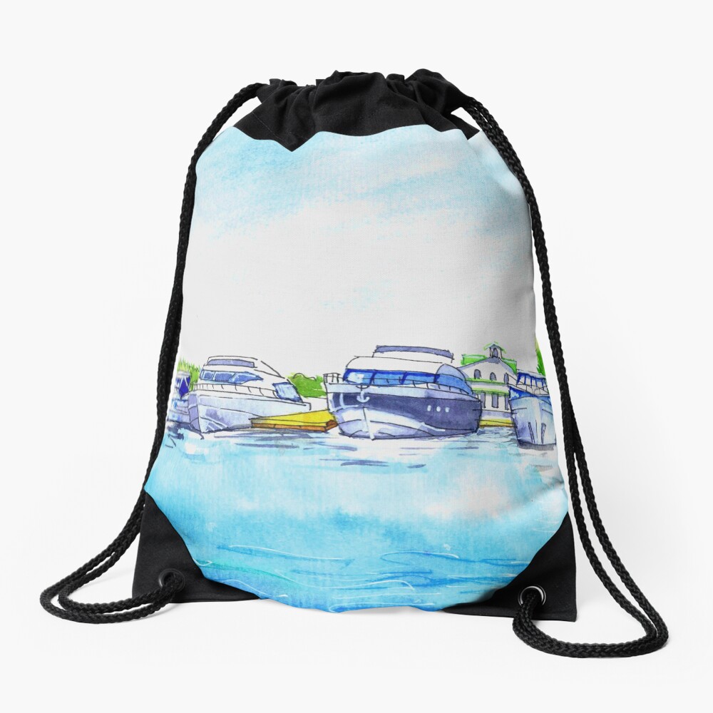 Summer watercolor sketch with yachts. Drawstring Bag