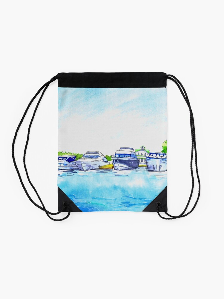 Alternate view of Summer watercolor sketch with yachts. Drawstring Bag
