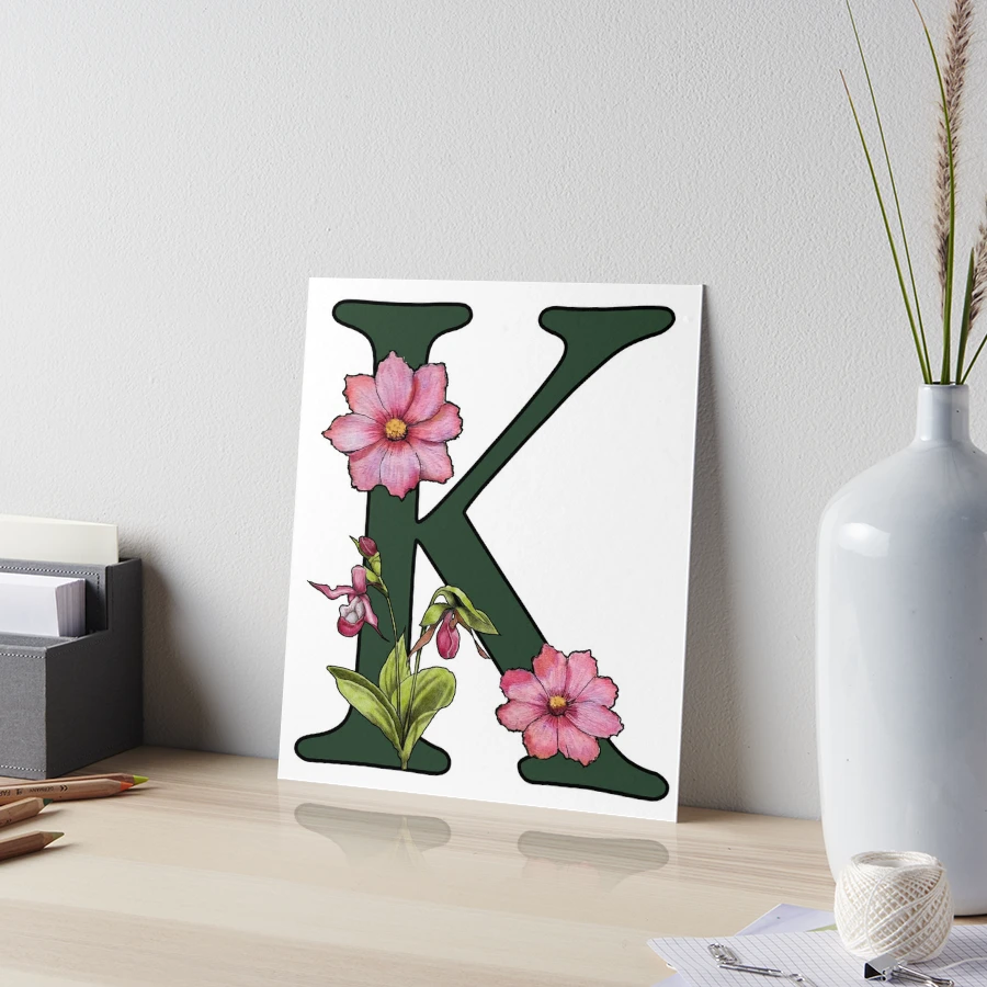 Letter K, Initial, Monogram, Alphabet Letter, Flowers, Ladyslipper,  Cosmos, Pink Art Board Print for Sale by Joyce Geleynse