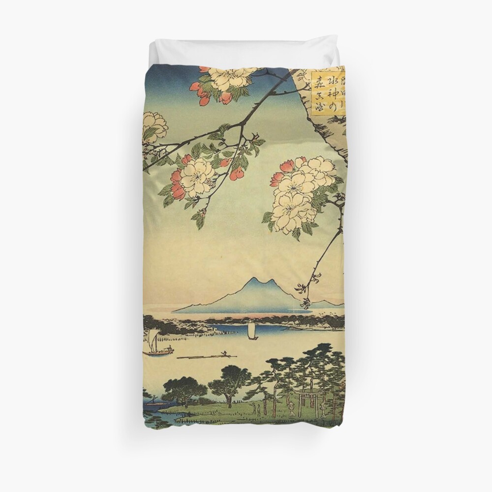 Japanese print with a lake and mountains Duvet Cover