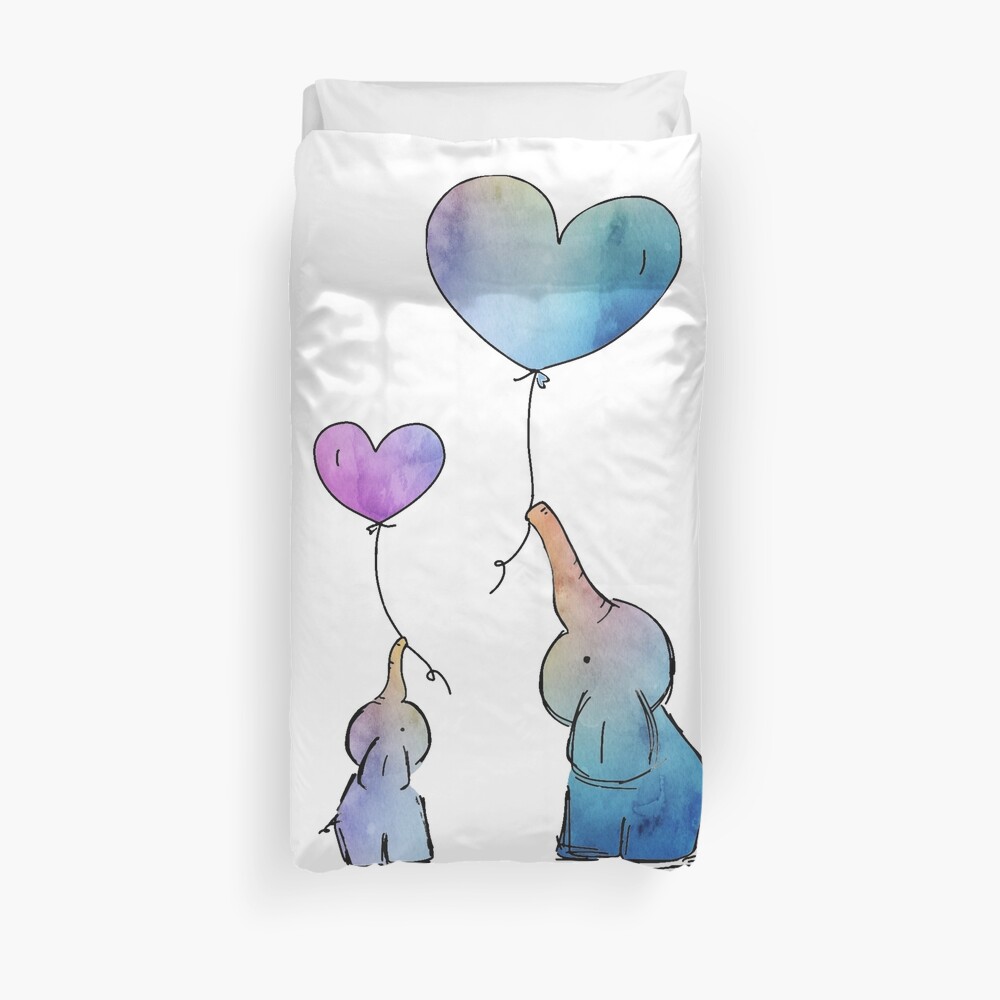 Colorful Watercolor Elephants Love Duvet Cover
