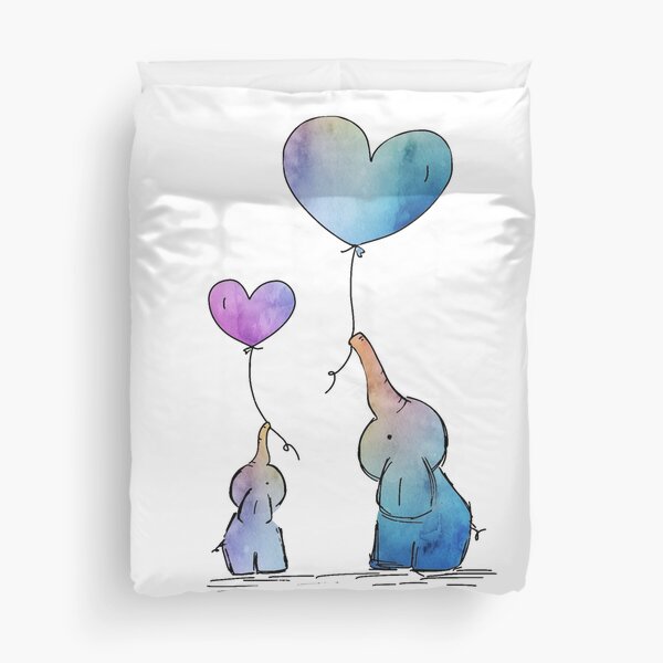 Colorful Watercolor Elephants Love Duvet Cover
