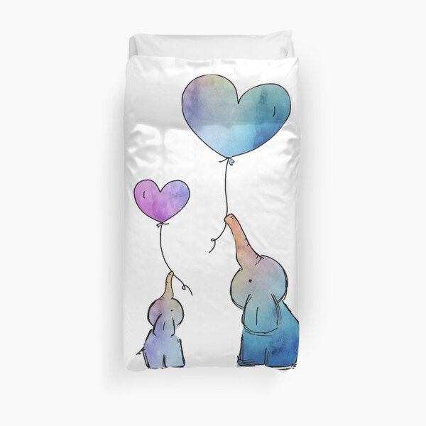 Colorful Watercolor Elephants Love Duvet Cover