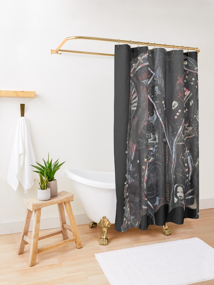Alternate view of Fashionable leather jacket of hippies or punk Shower Curtain