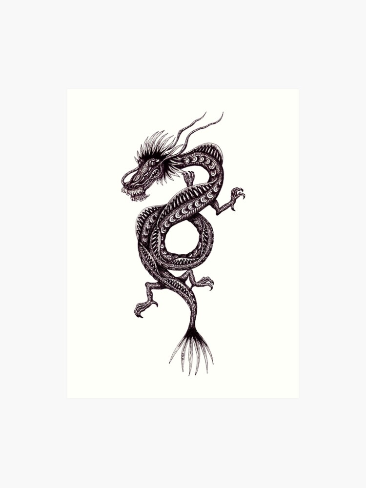 Chinese Dragon Black And White Pen Ink Drawing Art Print