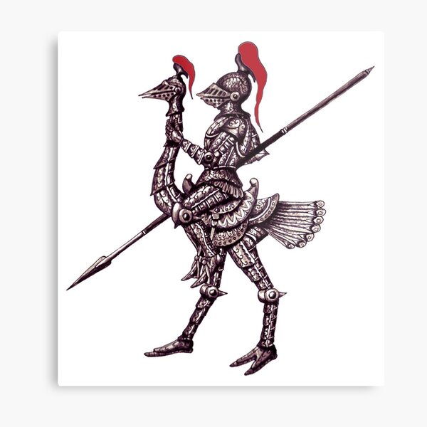 Knight on Ostrich surreal black and white pen ink drawing Metal Print