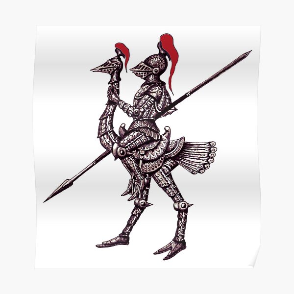 Knight on Ostrich surreal black and white pen ink drawing Poster