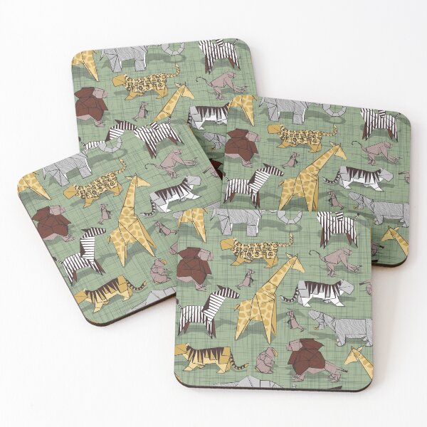 Item preview, Origami animalier // sage green linen texture background yellow giraffes designed and sold by SelmaCardoso.