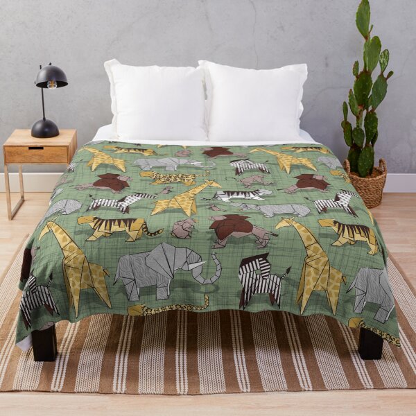 Item preview, Origami animalier // sage green linen texture background yellow giraffes designed and sold by SelmaCardoso.