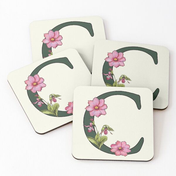 Item preview, Letter C, Initial, Monogram, Alphabet Letter, Flowers, Ladyslipper, Cosmos, Pink designed and sold by JoyfulWhimsy.