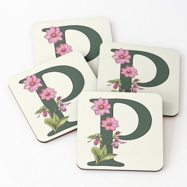 Item preview, Letter P, Initial, Monogram, Alphabet Letter, Flowers, Ladyslipper, Cosmos, Pink designed and sold by JoyfulWhimsy.