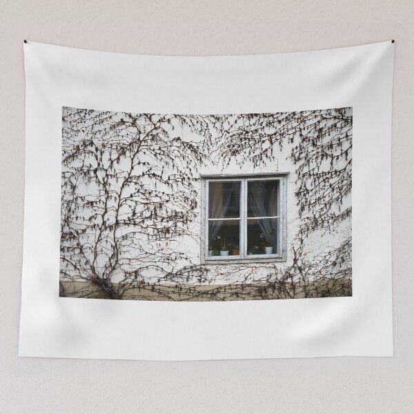 Item preview, wall with old wooden window and creeper plant designed and sold by goceris.