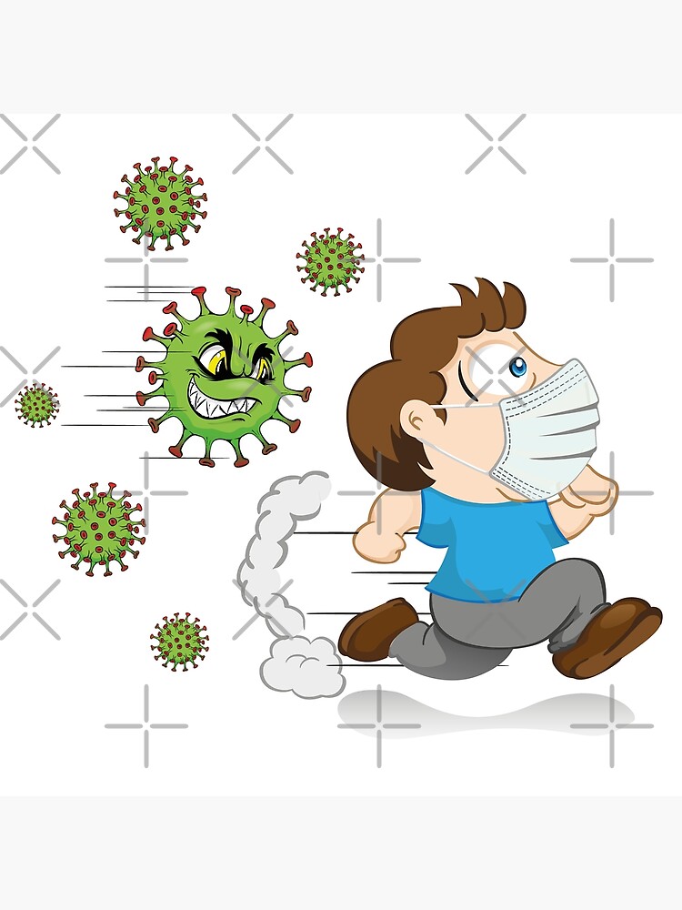 Cartoon Yuyu person with mask running scared of a virus corona. Ideal for  educational and institutional matters