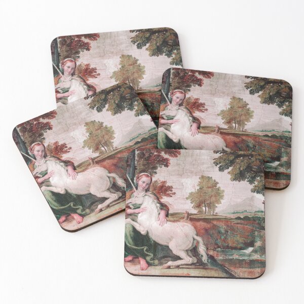 Item preview, THE MAIDEN AND THE UNICORN IN LANDSCAPE Red Green Hues designed and sold by BulganLumini.