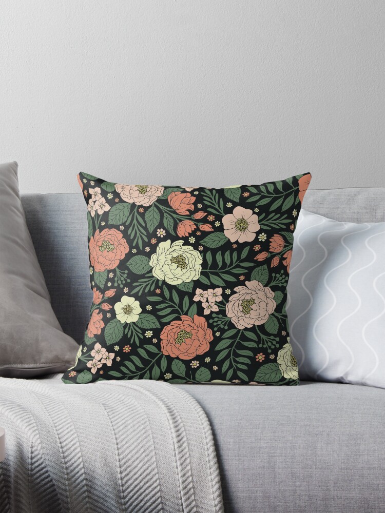 Thumbnail 1 of 4, Pillow, Peach, Green & Coral Floral Pattern designed and sold by somecallmebeth.