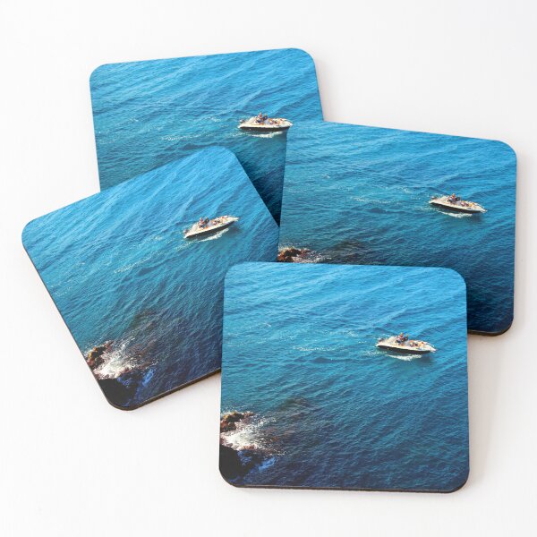 Item preview, View from a high rocky shore of Polignano a Mare at a boat in the Adriatic sea designed and sold by Kristina Drozd.