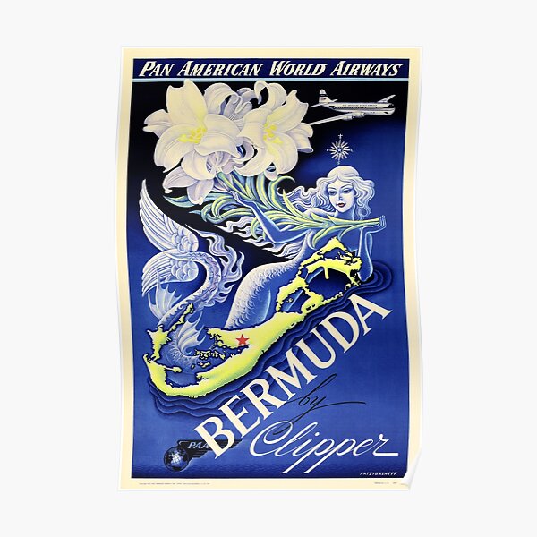 BERMUDA by CLIPPER PLANE Mermaid Pan American Airways Vintage Travel Poster Poster