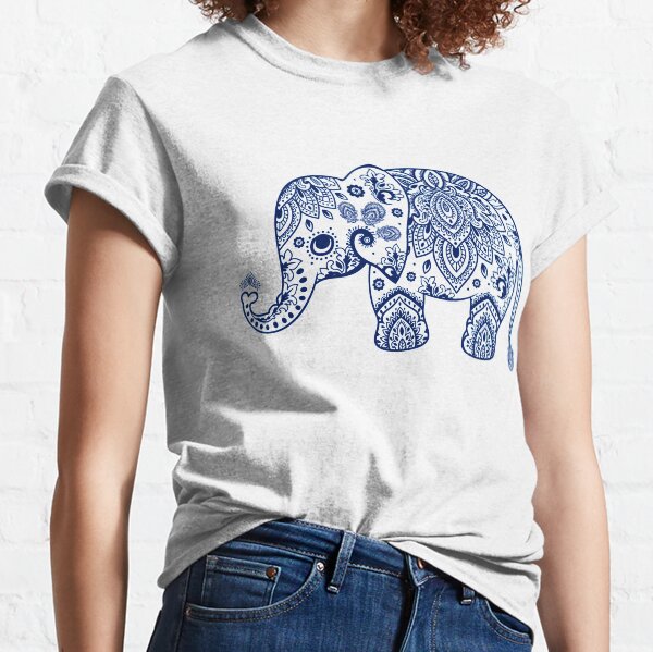 Blue Floral Elephant Illustration Classic T-Shirt