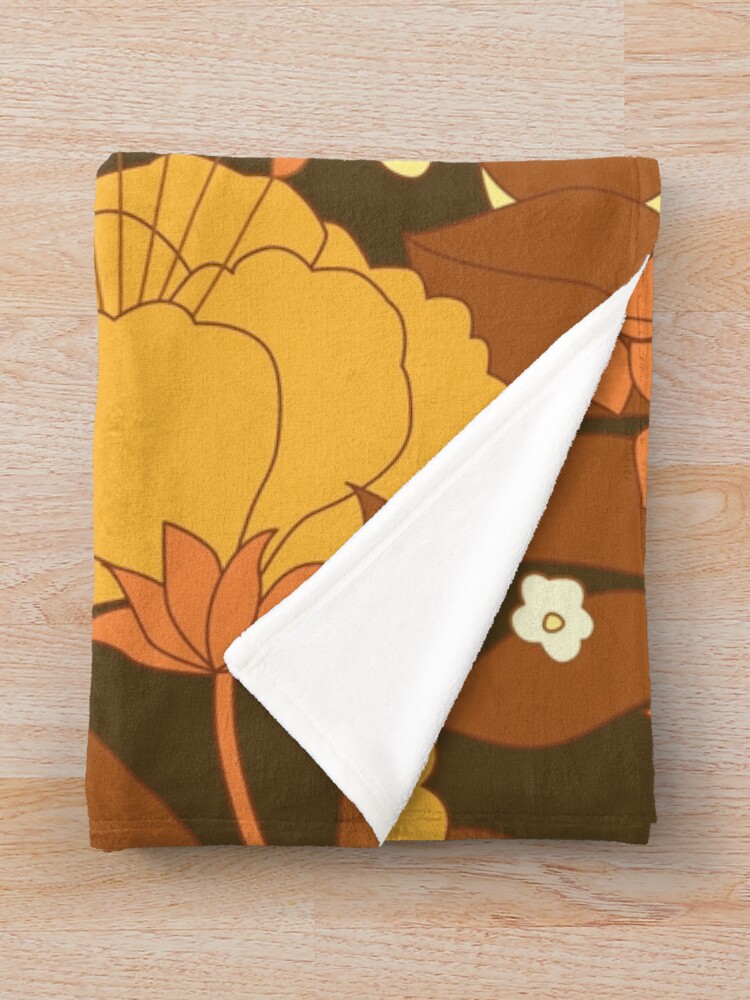 "Brown, Yellow, Orange & Ivory Retro Flowers" Throw Blanket by