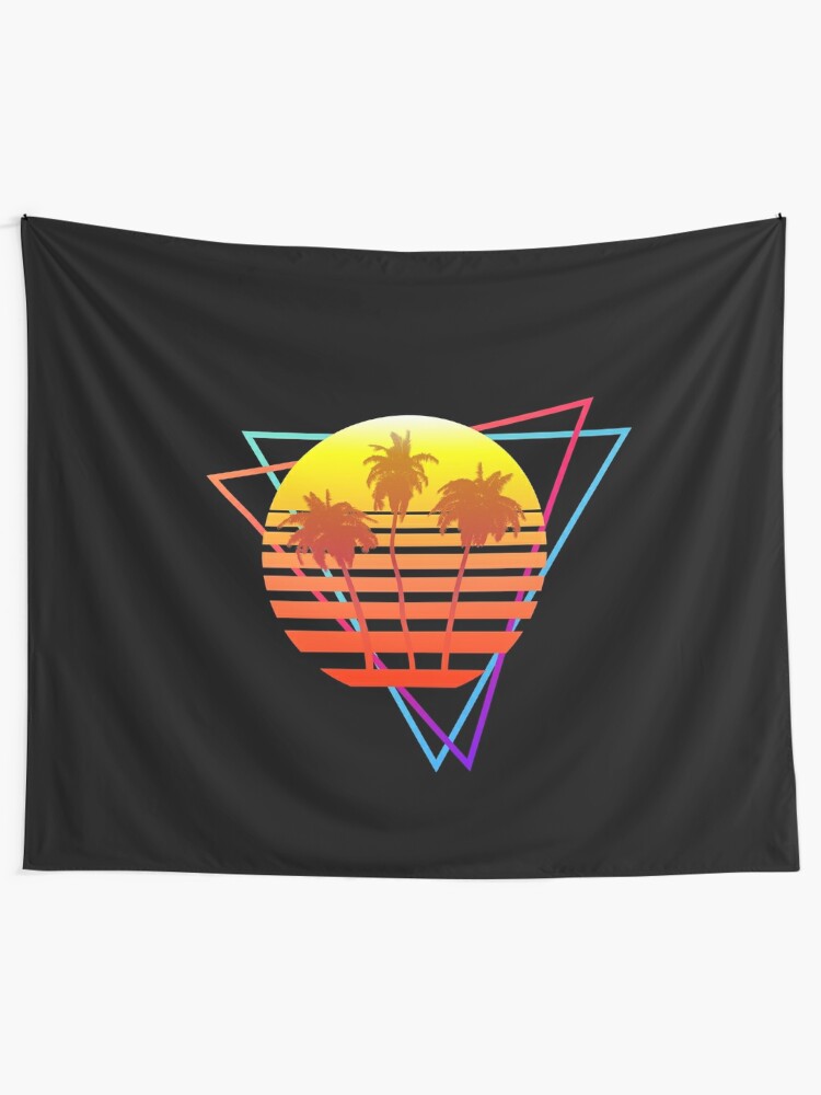 Alternate view of Synthwave Sun (with palm trees and triangles) Tapestry