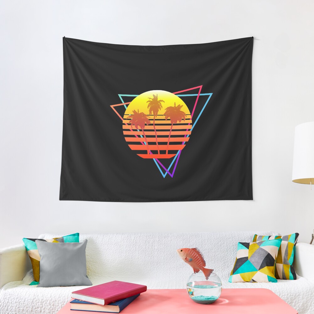 Synthwave Sun (with palm trees and triangles) Tapestry