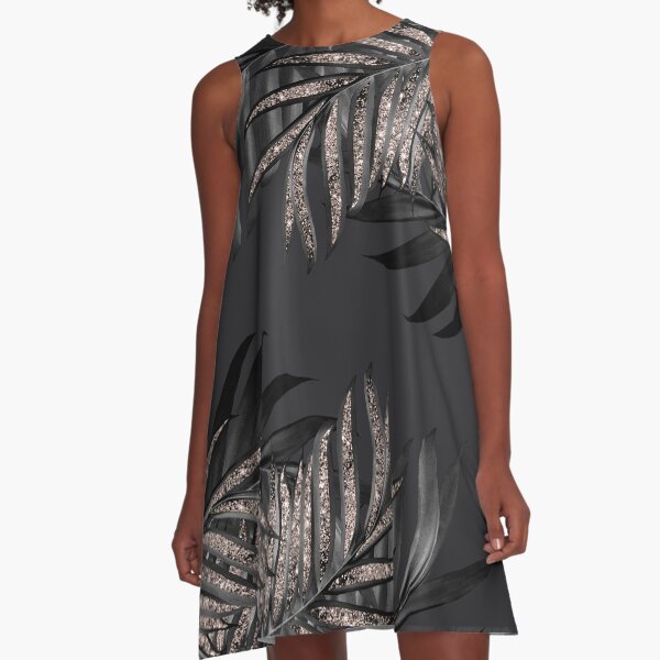 Grau-schwarze Palmblätter mit Roségold-Glitzer # 6 #tropical #decor #art A-Linien Kleid