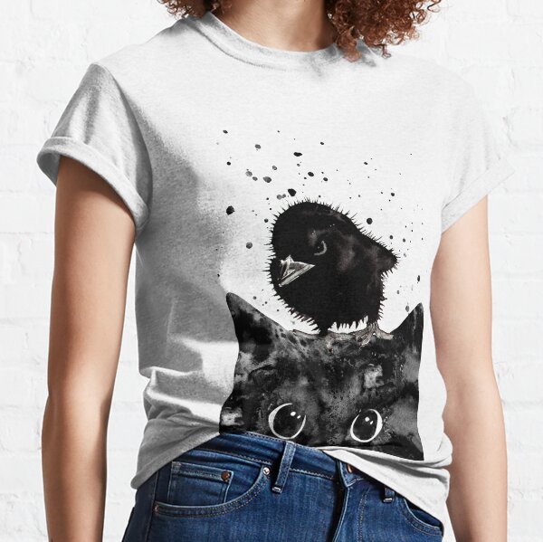 Peeking cat and dangerous baby raven Classic T-Shirt